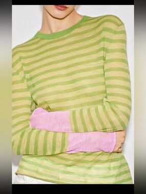 ZARA Womens Knit Sweater XL Green Pink Striped Crew Neck Long Sleeve Pullover